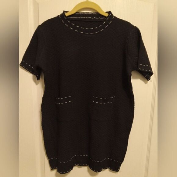 Black and White Knit Shirt with Contrast Stitching - Picture 1 of 9